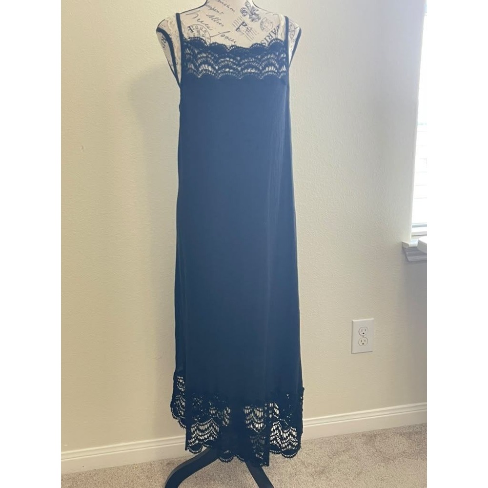 Intimately Free People Black Crochet Lace Gauze Maxi Dress Small S Deep V Back